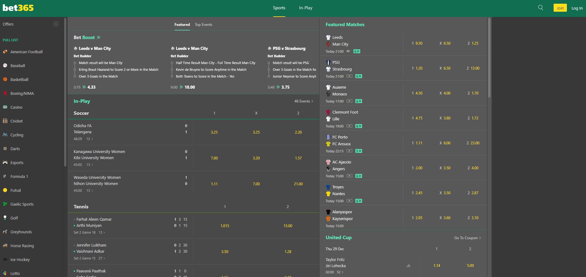Bet365 - Sports Page